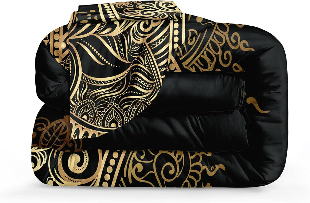 Boho King Comforter Set Black and Gold Comforter Hamsa Hand of Fatima Bohemian Floral Printed Hippie Bedding Sets 1 Comforter 2 Pillowcases(King, Hamsa Hand)