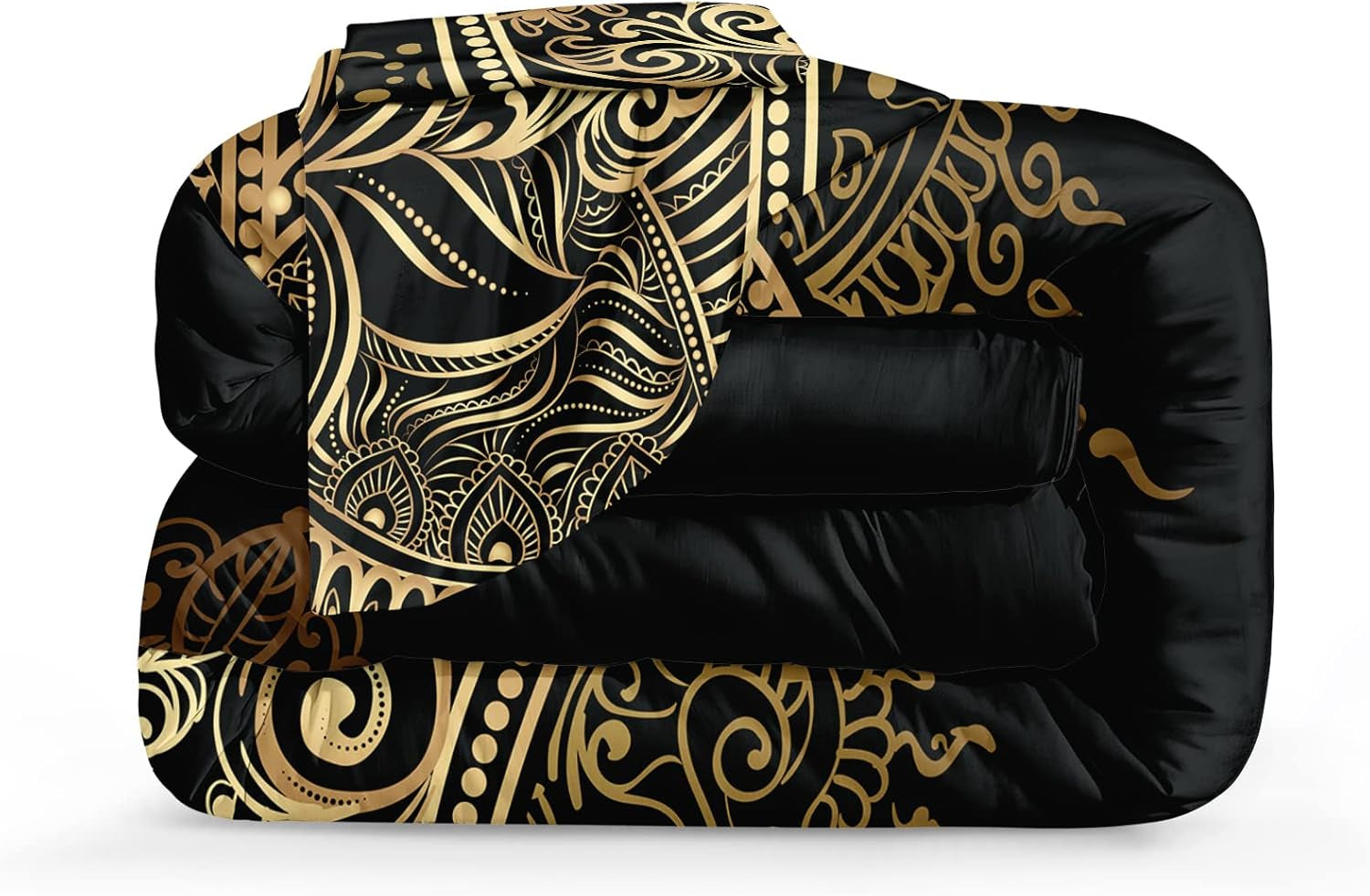 Boho King Comforter Set Black and Gold Comforter Hamsa Hand of Fatima Bohemian Floral Printed Hippie Bedding Sets 1 Comforter 2 Pillowcases(King, Hamsa Hand)