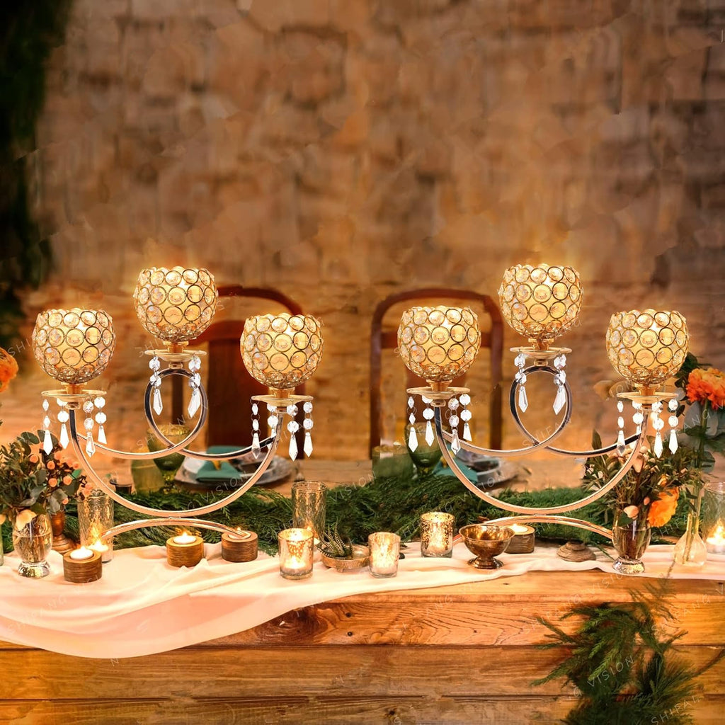 Crystal Candle Holders Gold 3 Arms Bling Tea Lights Candle Holders for Table Centerpiece Candelabra Dining Table Centerpiece Decorations for Dining Room Gold Table Decor (Gold-14 Tall)