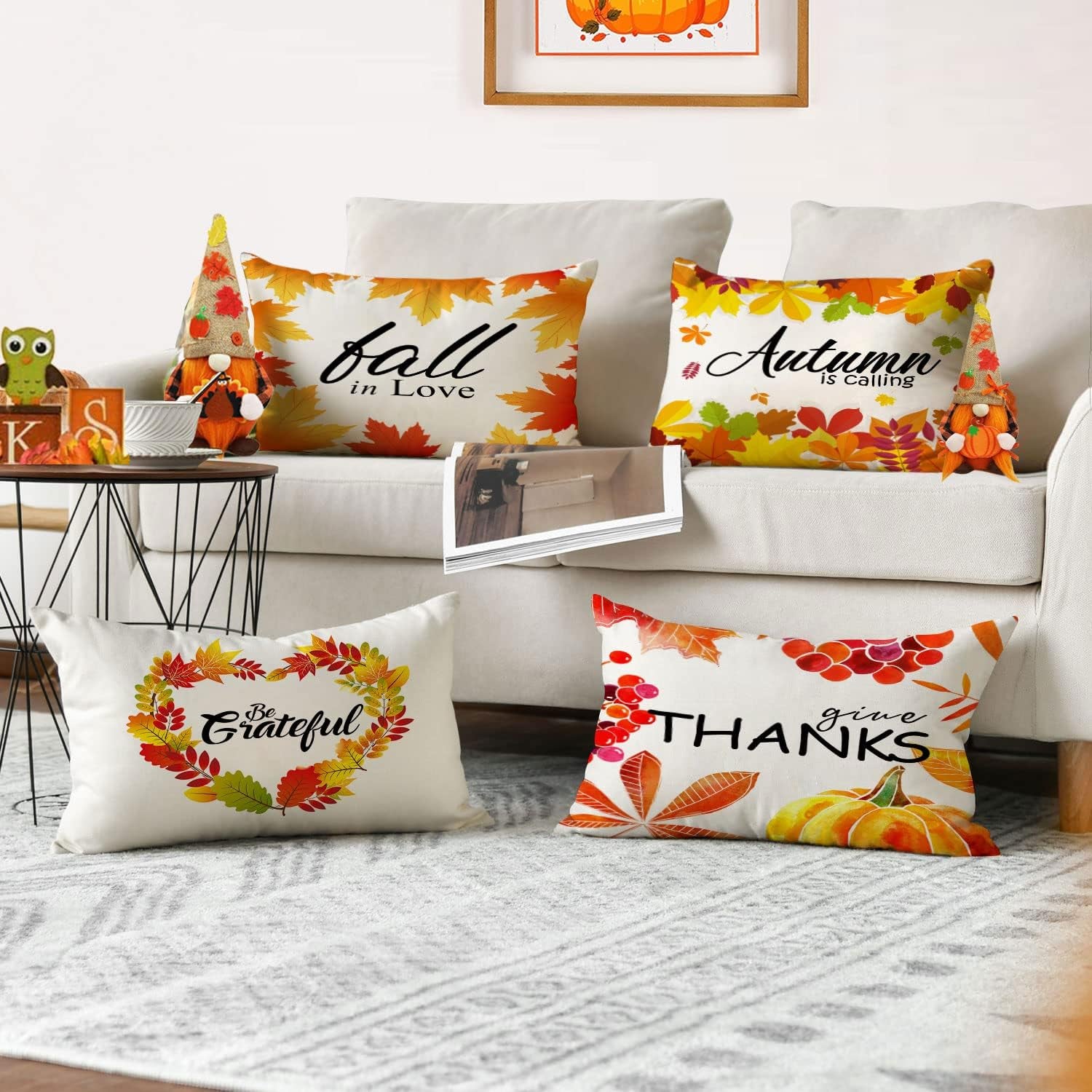 Set of 4 Fall Pillow Covers 12X20 Inch Thanksgiving Decor Throw Pillows Autumn Pumpkins Leaves Decorative Home Outdoor Sofa Couch Lumbar Cases for Decorations (12 by 20) Y-Fall 08 12*20