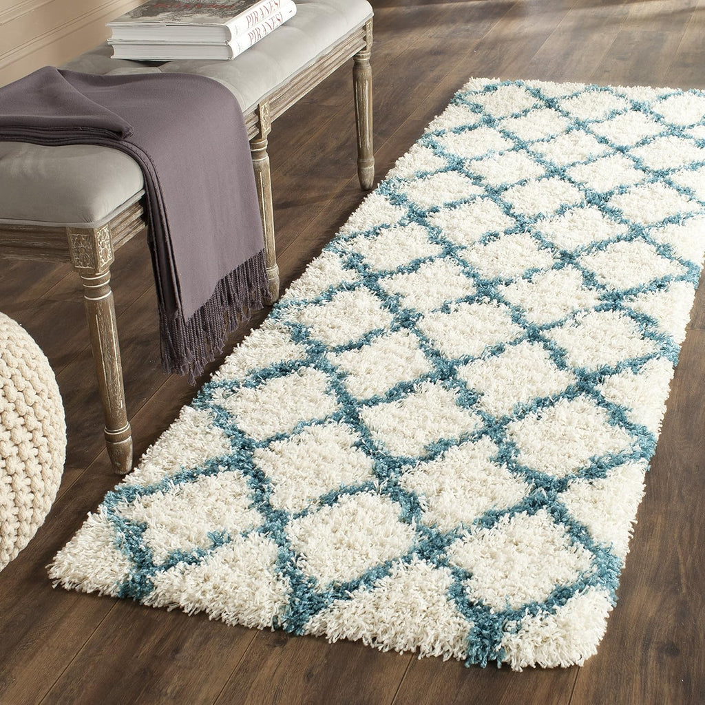 Kids Shag Collection Runner Rug - 2'3" X 7', Ivory & Blue, Moroccan Trellis Design, Non-Shedding & Easy Care, 2-Inch Thick Ideal for High Traffic Areas in Living Room, Bedroom (SGK569C)