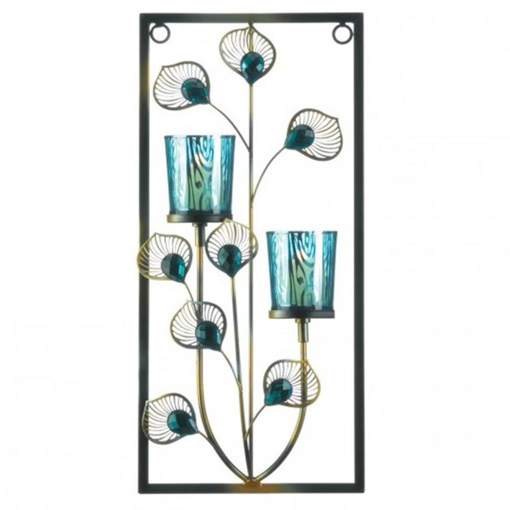 Home Decorative Peacock Rectangular Wall Sconce - Two Candles