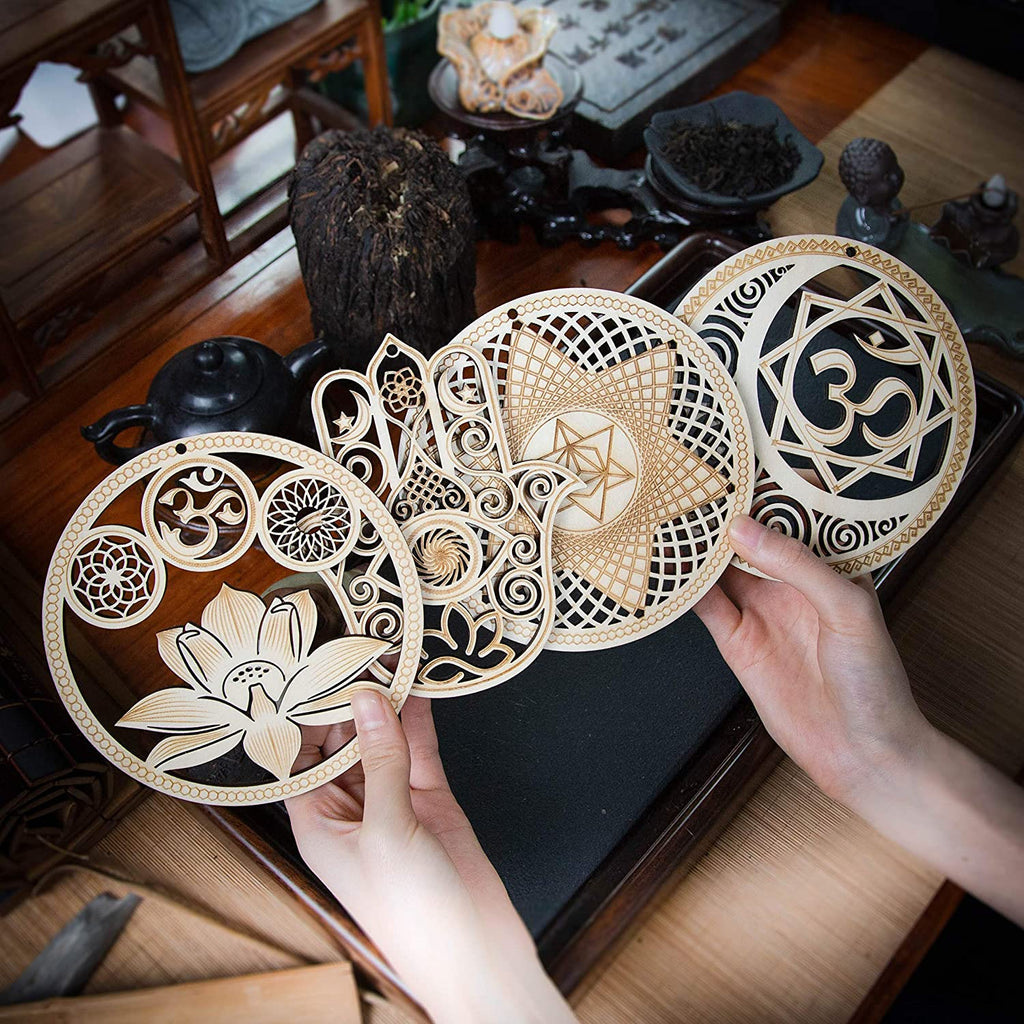 5.31" Sacred Geometry Wall Art 4 PCS Set, (Sacred Lotus, Hamsa Hand, Soul Star, Union Sun Moon) Crystal Grid Meditation Chakra Wooden Wall Art Yoga Decor Spiritual Gifts