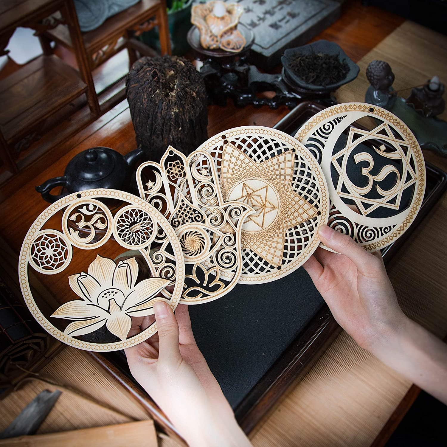 5.31" Sacred Geometry Wall Art 4 PCS Set, (Sacred Lotus, Hamsa Hand, Soul Star, Union Sun Moon) Crystal Grid Meditation Chakra Wooden Wall Art Yoga Decor Spiritual Gifts