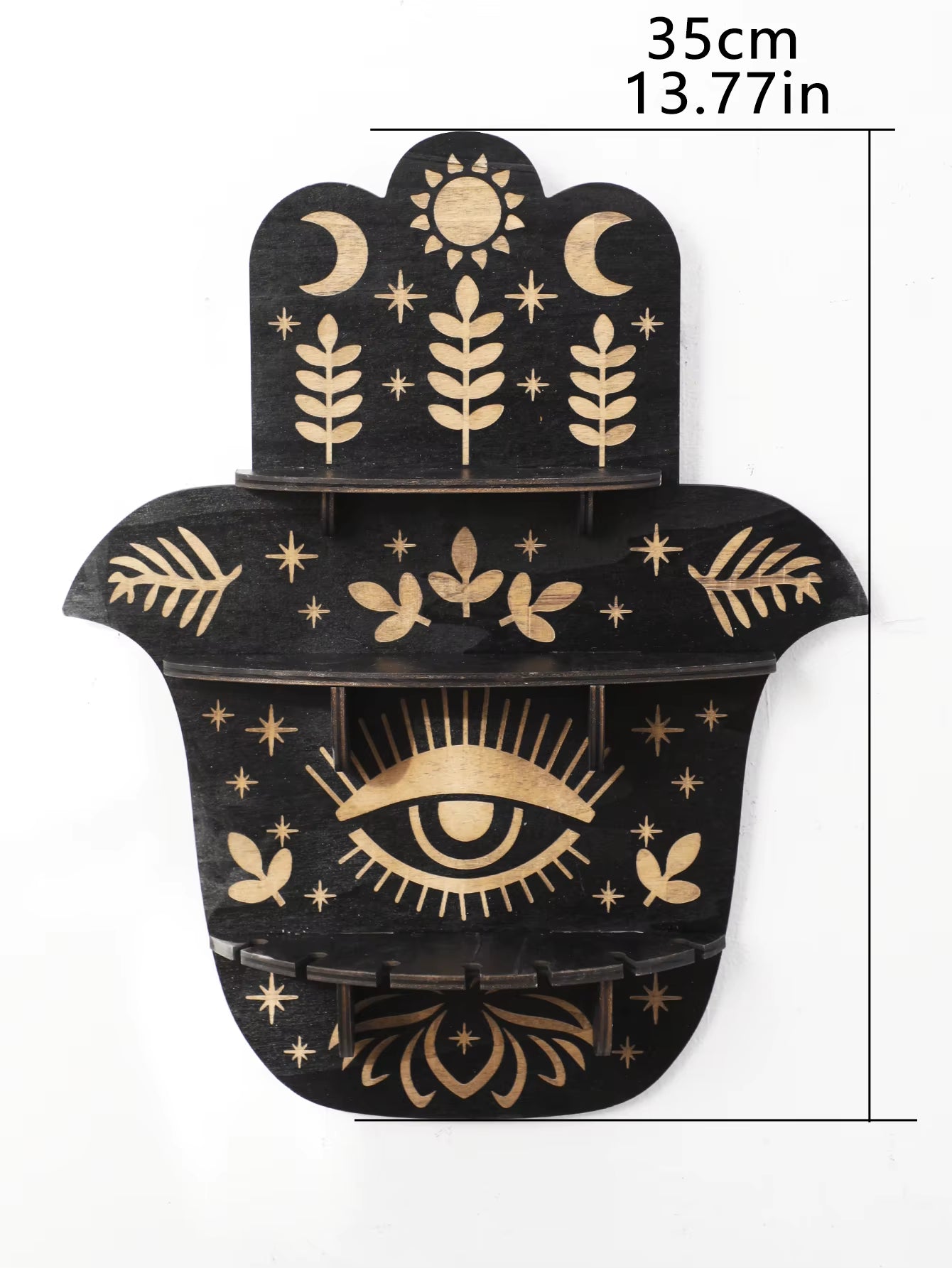 Black Wooden Wall Shelf Boho Hamsa Hand Shape Wall Decor Hanging Shelves Crystal Display Stand Ledge Evil Eye Gothic Home Decor