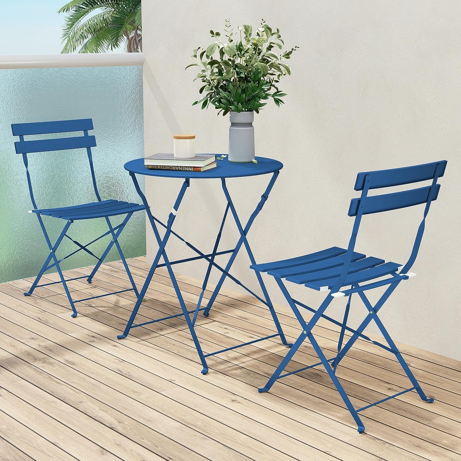 Premium Frame Patio Bistro Set, Folding Outdoor Patio Furniture Sets, 3 Piece Patio Set of Folding Patio Table and Chairs, Peacock Blue