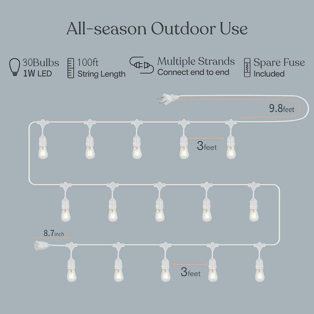 Outdoor String Lights LED White 100FT Patio Lights String with 32 1W Dimmable Shatterproof Bulbs for Wedding Pergola Gazebo Bistro Outdoor