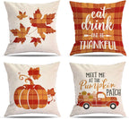 Fall Pillow Covers 18X18 Inch Thanksgiving Farmhouse Decorative Throw Pillow Insert Set of 4, Linen Fall Pillow Covers with Zipper, Maple Leaf, Pumpkin, Truck Design, Autumn Decor for Home