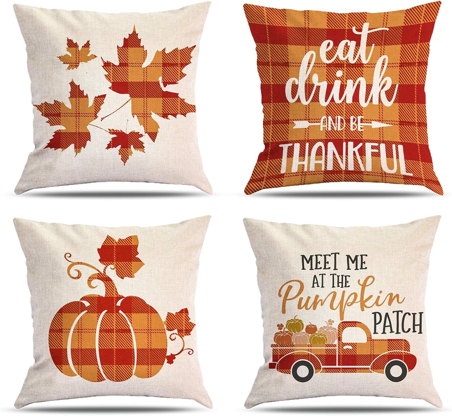 Fall Pillow Covers 18X18 Inch Thanksgiving Farmhouse Decorative Throw Pillow Insert Set of 4, Linen Fall Pillow Covers with Zipper, Maple Leaf, Pumpkin, Truck Design, Autumn Decor for Home