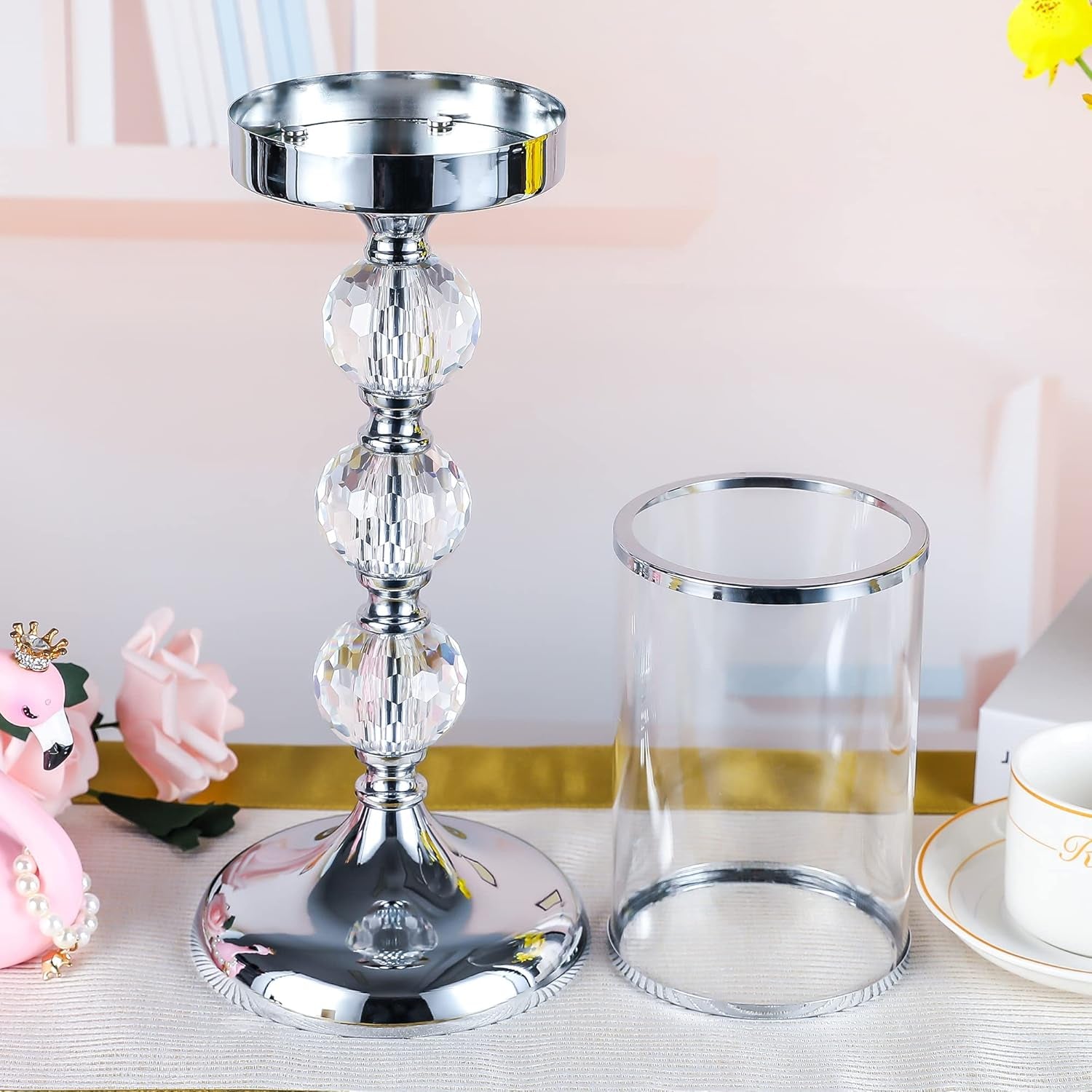 Pillar Candle Holder with Lid,Crystal Candle Holder for Pillar Candle, Candlesticks Holder with 3 Crystal Balls for Coffee Dining Table, Wedding, Christmas, Halloween, Home Decor CH065L