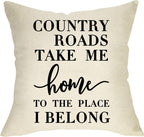 Farmhouse Quotes Rustic Decorative Throw Pillow Cover, Country Roads Take Me Home Sign Cushion Case Home Decorations, Inspirational Square Pillowcases Cotton Linen Decor for Sofa Couch 18 X 18