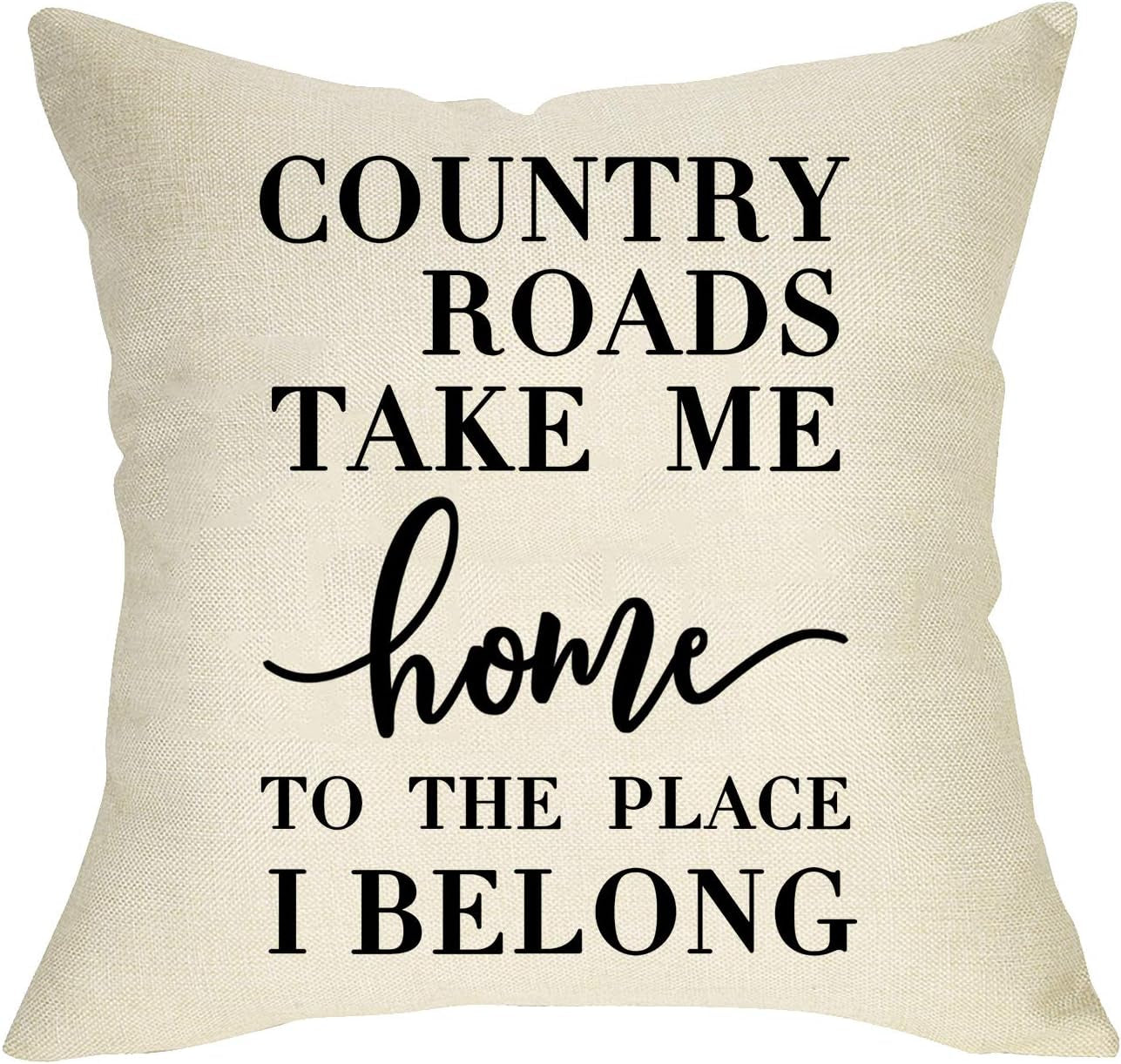 Farmhouse Quotes Rustic Decorative Throw Pillow Cover, Country Roads Take Me Home Sign Cushion Case Home Decorations, Inspirational Square Pillowcases Cotton Linen Decor for Sofa Couch 18 X 18