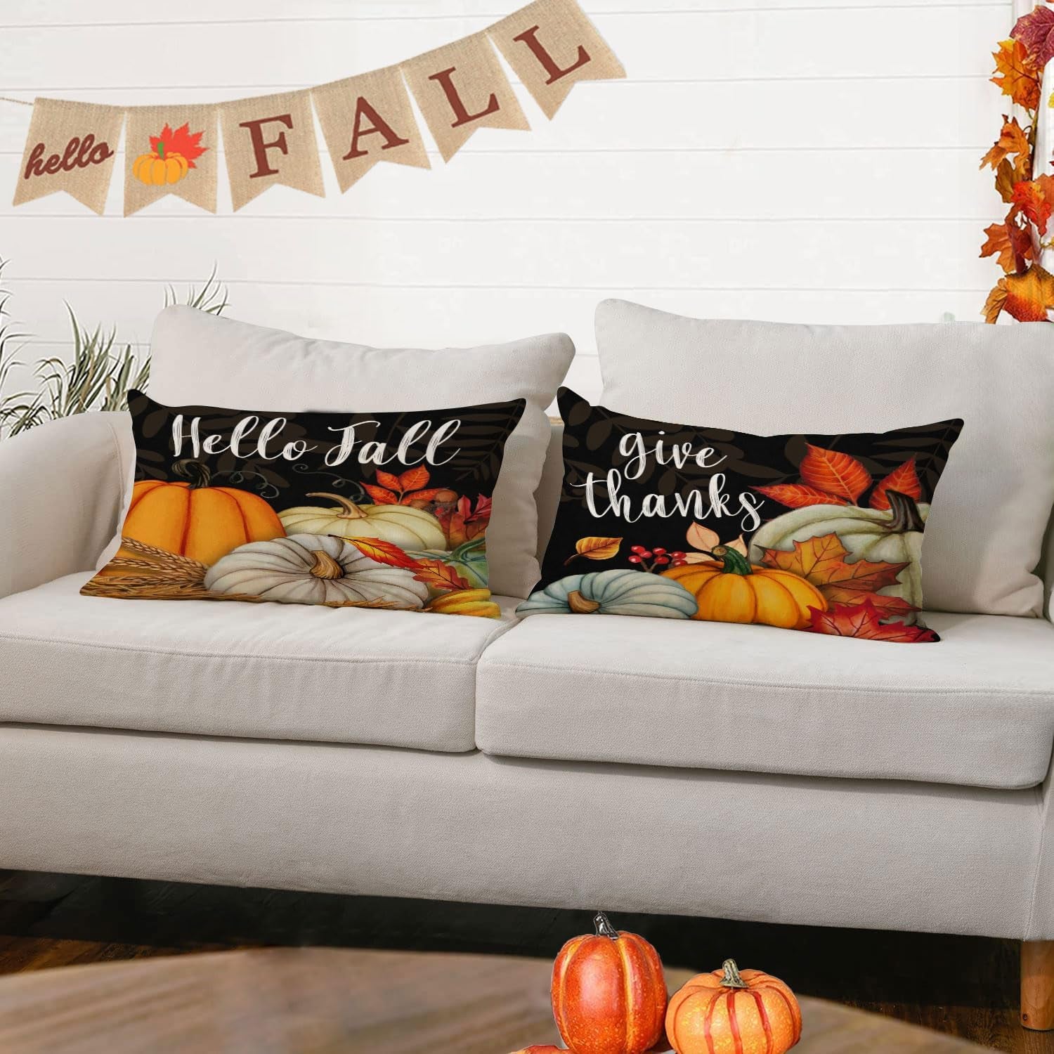 Set of 4 Fall Pillow Covers 12X20 Inch Thanksgiving Pumpkins Throw Pillows Autumn Harvest Sunflower Decorative Cushion Covers Outdoor Sofa Couch Lumbar Pillow Cases Fall Decorations (12 by 20)