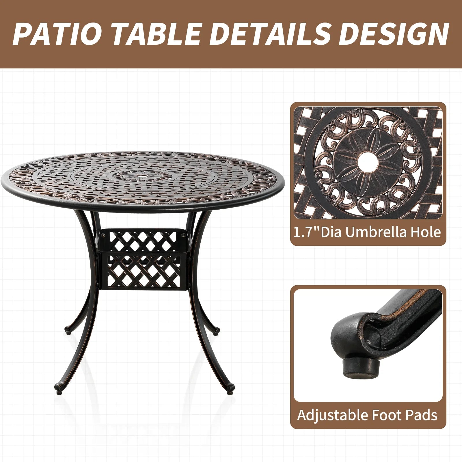 42"Patio Bistro Table,Cast Alumnium Patio Dining Table,Metal Outdoor Dining Table with 1.7"Umbrella Hole for Patio(Antique Bronze)