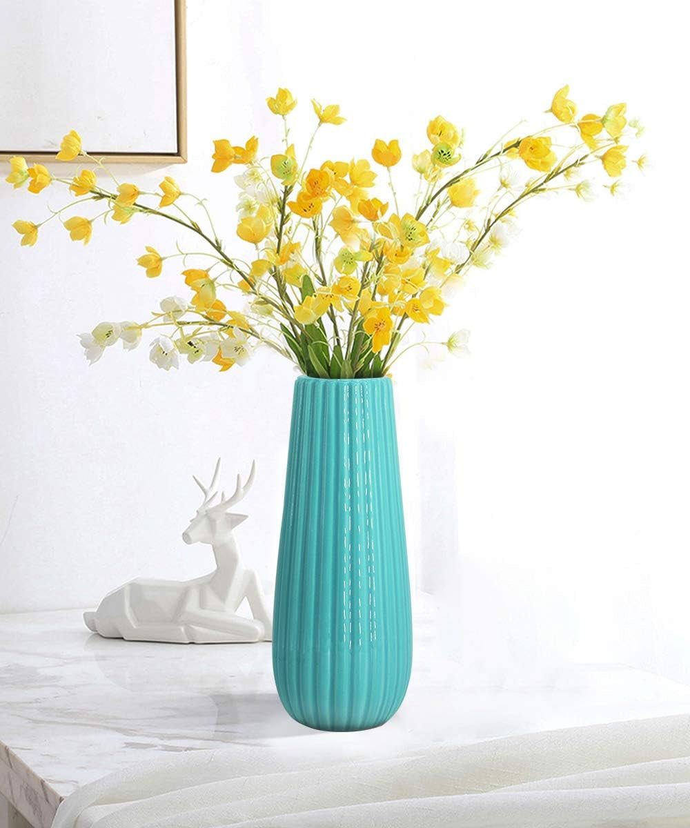 8 Inch Ceramic Flower Vase for Home Decor, Teal Vase for Artificial Flowers Bud Hydroponics Plants Ikebana Arrangement, Table Centerpieces Vase (Blue)