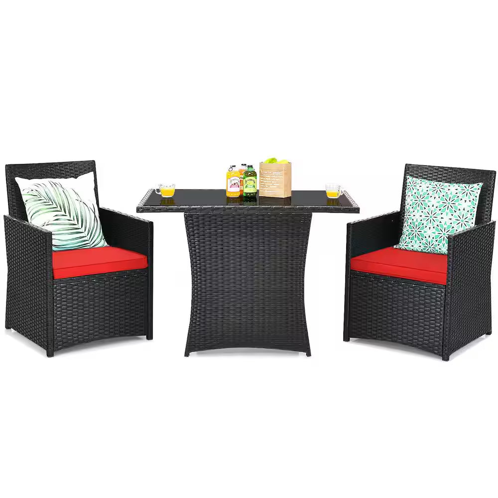 3-Pieces Patio Rattan Patio Conversation Set with Red Cushions