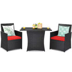 3-Pieces Patio Rattan Patio Conversation Set with Red Cushions