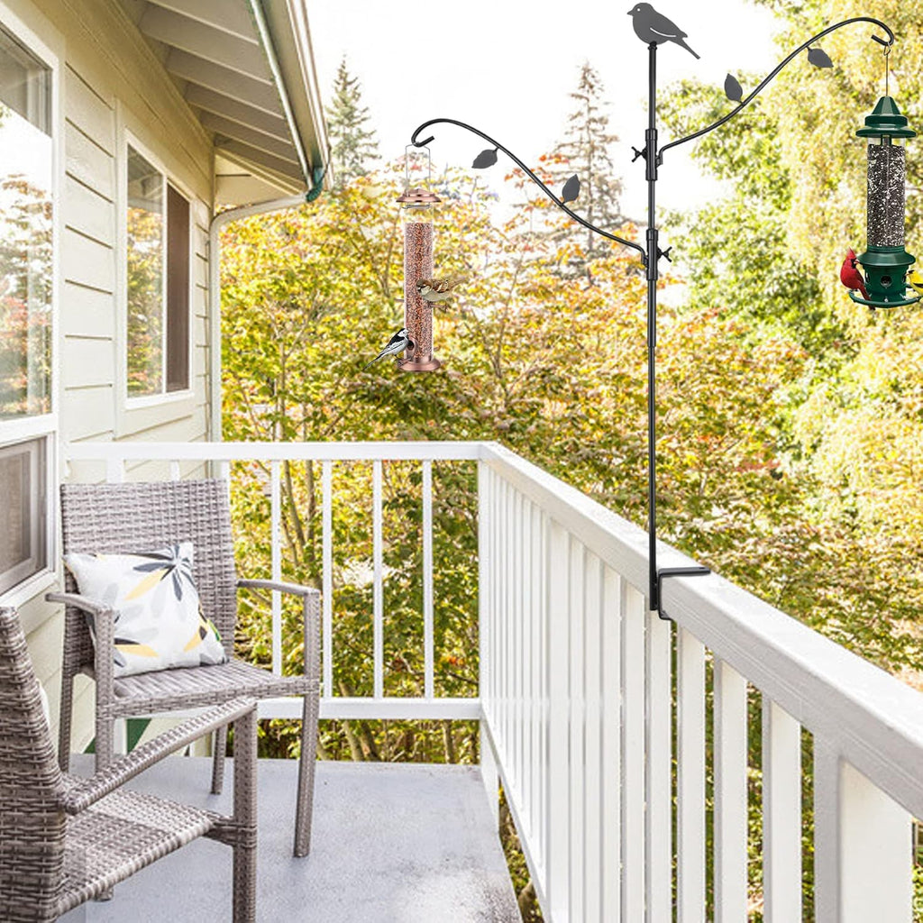 Deck Bird Feeder Pole, 42 Inches, Multiple Hooks, Adjustable, Detachable, Heavy Duty Steel, Stable, Black, Birdfeeders Porch for Deck Kit for outside Bird Feeders and Plant Hangers