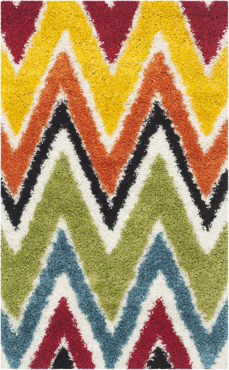 Kids Shag Collection Accent Rug - 4' X 6', Ivory & Multi, Rainbow Design, Non-Shedding & Easy Care, 2-Inch Thick Ideal for High Traffic Areas in Entryway, Living Room, Bedroom (SGK567A)