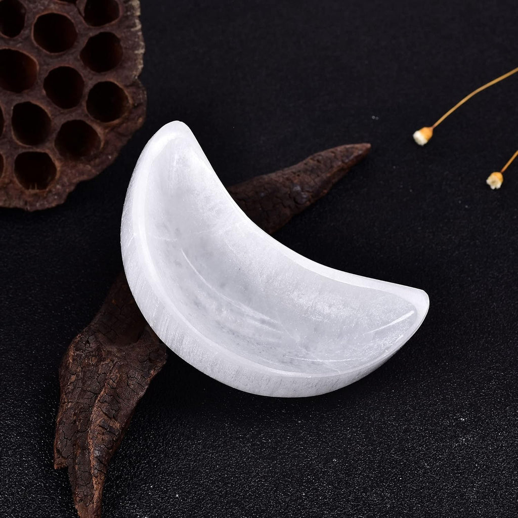 4 Inch Selenite Bowl Moon Shape Moroccan Selenite Crystal Charging Bowl for Healing, Recharging Crystals
