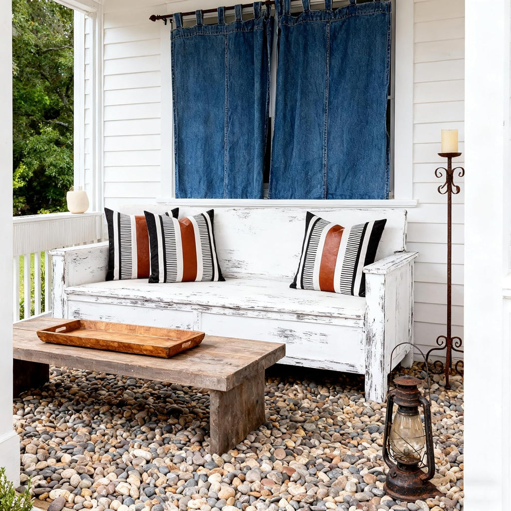 Farmhouse Throw Pillow Covers -Decorative Faux Leather Pillow Cases for Couch Sofa Livingroom Tribal Stripe Accent Cushion Cover 18X18 Inch (2, 18''X18'')