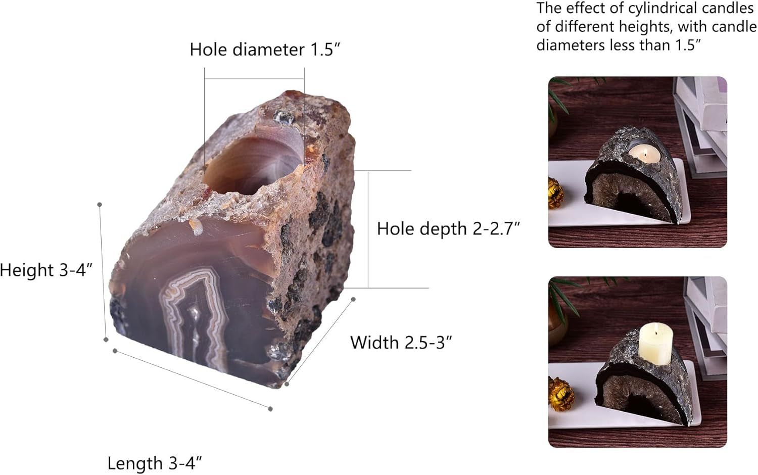 Agate Candle Holder Multi-Functional Décor 1-1.5Lb Pillar Candles & Makeup Brush Storage | Irregular Half-Cut Design | Meditation Desk Accent | Spiritual Starter Gift