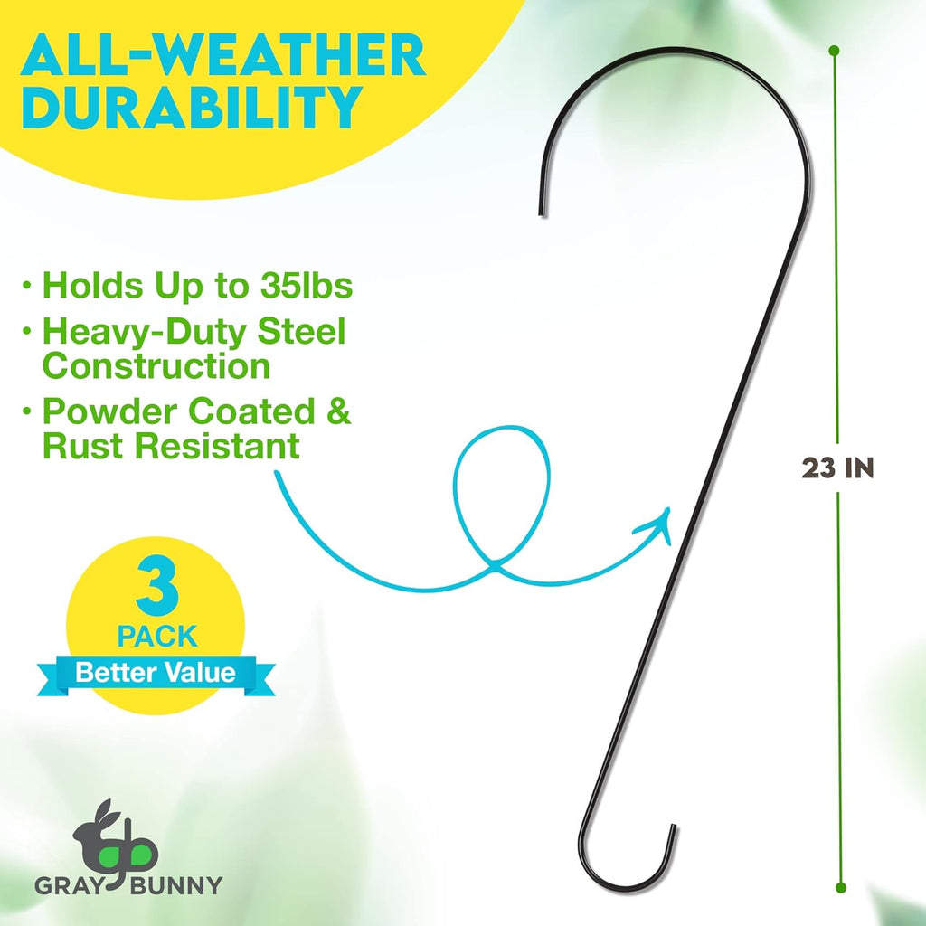 Metal Tree Branch Hook, 23 Inch Long, Black, 3-Pack, Premium Extra Thick 1/5 Inch Diameter Rust Resistant Steel S-Hooks for Bird Feeders and Baths and More - Outdoor or Indoor Use