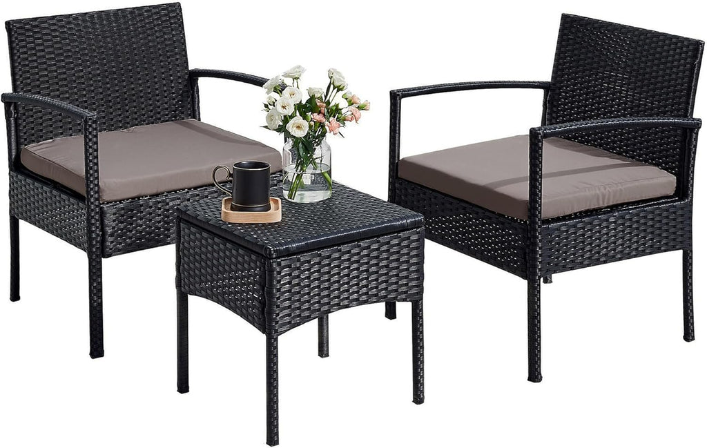 3 PCS Patio Rattan Conversation Chairs Set, Outdoor Patio Furniture Balcony Furniture Set, Wicker Patio Bistro Set for Garden Porch Balcony Yard, Brown