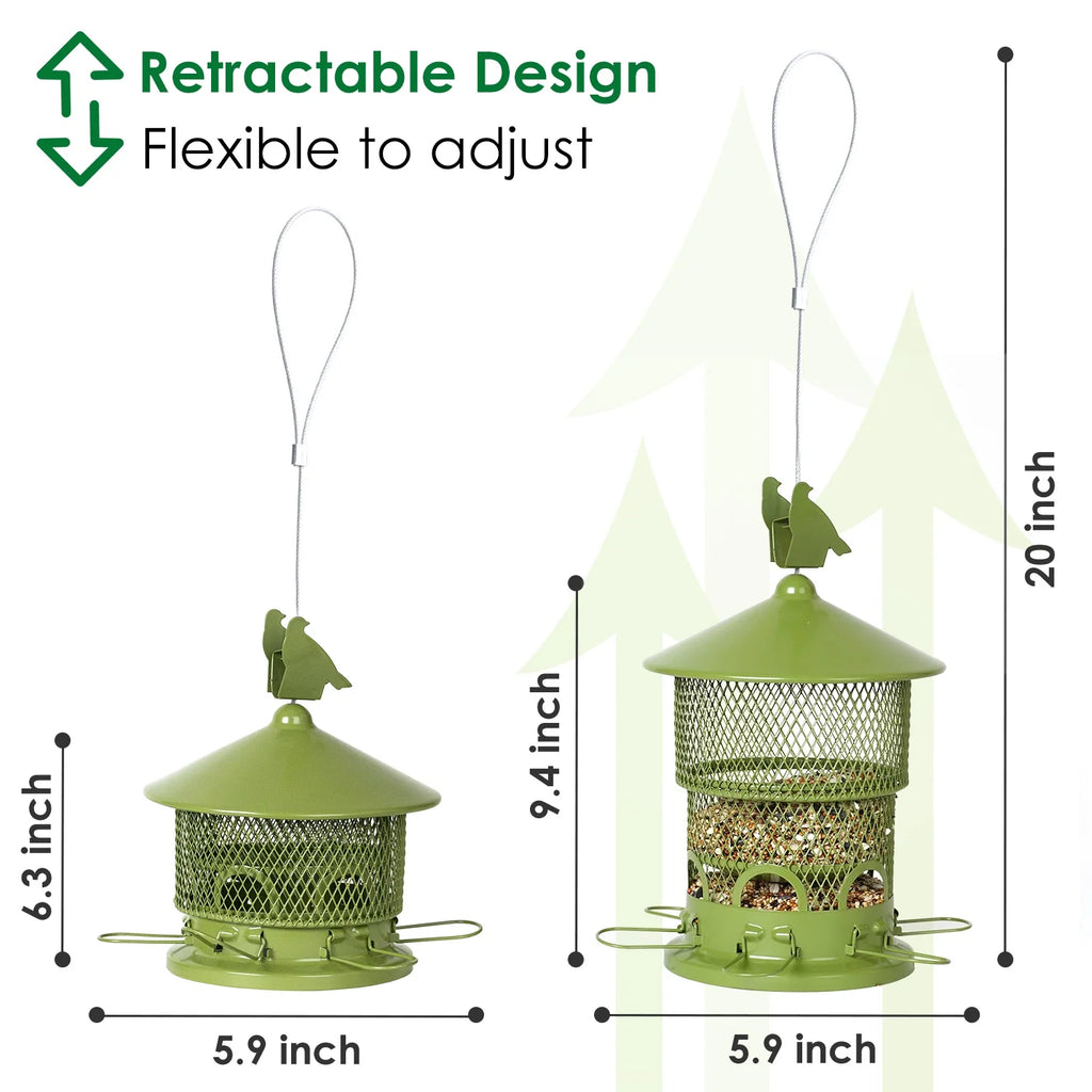 Squirrel-Proof Wild Bird Feeder - Outdoor Hanging Mesh Feeder with 6 Feeding Ports - 4LB Large Capacity, Attracts Bluebirds, Cardinals, Finches, Blue Jays, and More