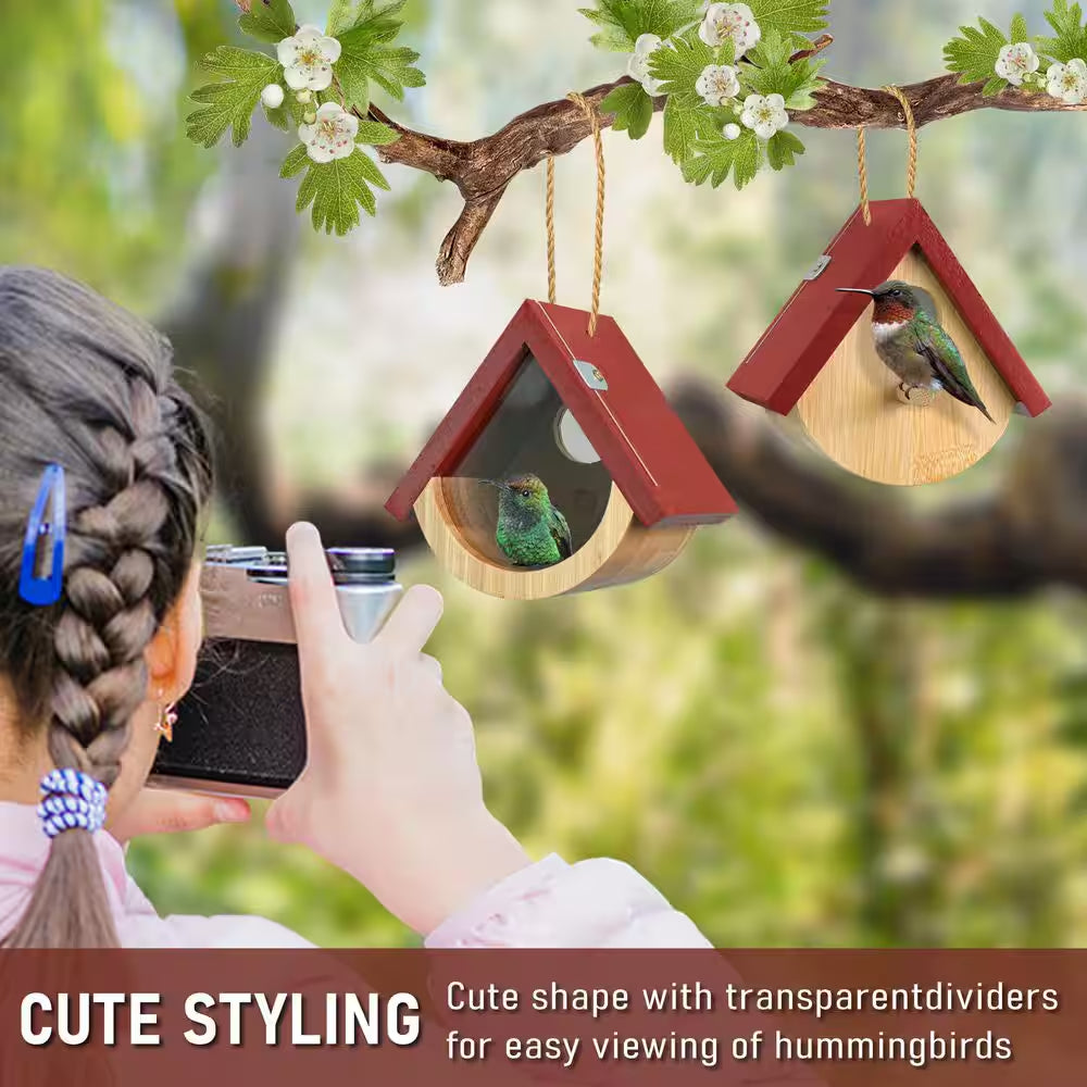 2-Pack Hummingbird House with Hemp Ropes Window View Wooden Bird Houses for outside Hummingbird Houses for Nesting