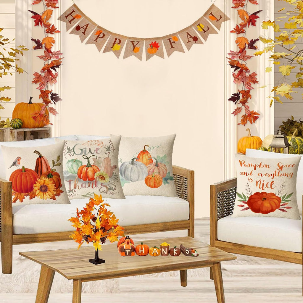 Fall Throw Pillow Covers 16X16 Set of 4 Thanksgiving Pumpkin Pillow Covers Autumn Leaves Pillow Cases Halloween Outdoor Sofa Couch Home Decorations Cushion Covers 16 Inch