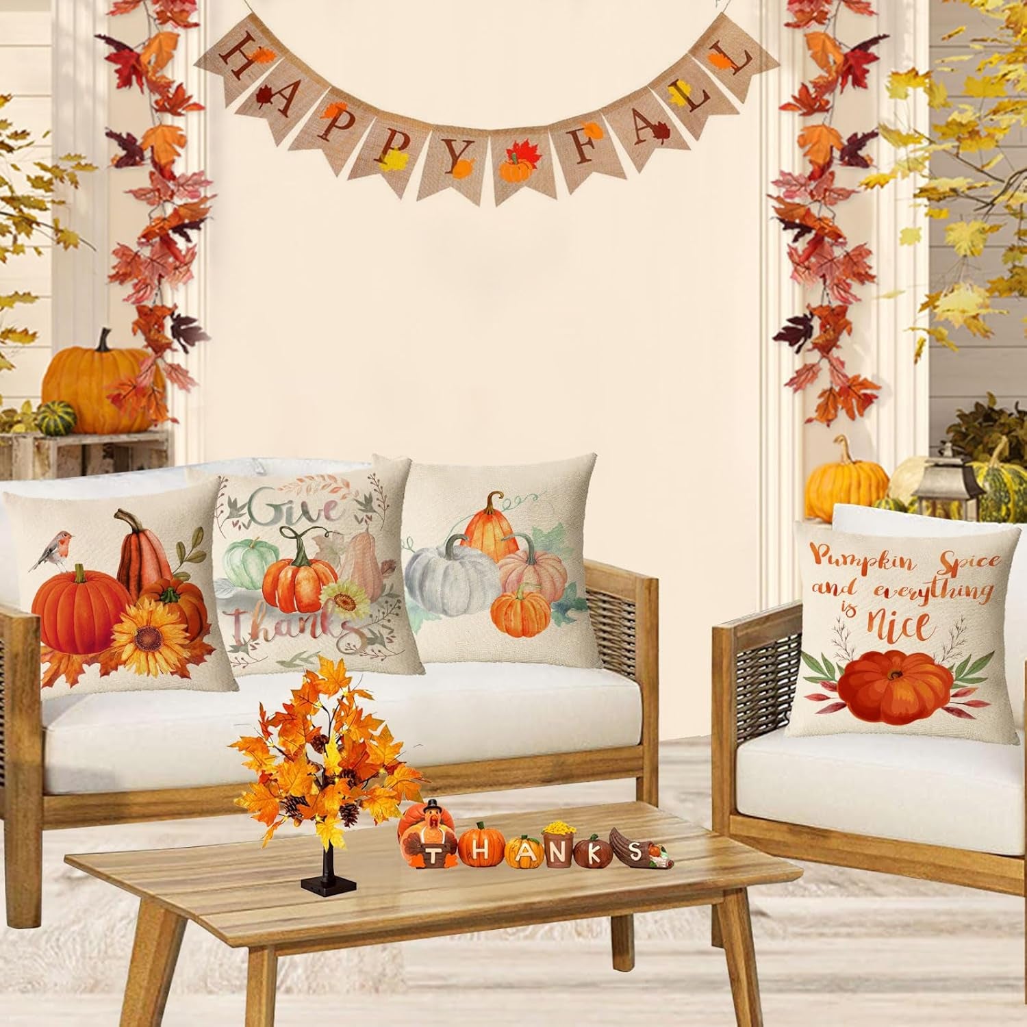 Fall Throw Pillow Covers 16X16 Set of 4 Thanksgiving Pumpkin Pillow Covers Autumn Leaves Pillow Cases Halloween Outdoor Sofa Couch Home Decorations Cushion Covers 16 Inch