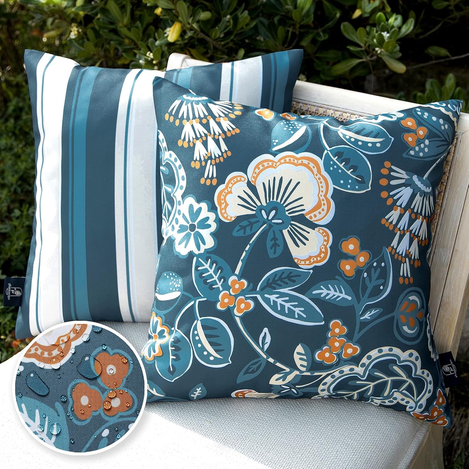 Pack of 2 Outdoor Indoor Throw Decorative Pillow Cover Floral Striped Waterproof Patio Pillows Cushion Case for Couch Tent Park, Dark Blue 18 X 18 Inches