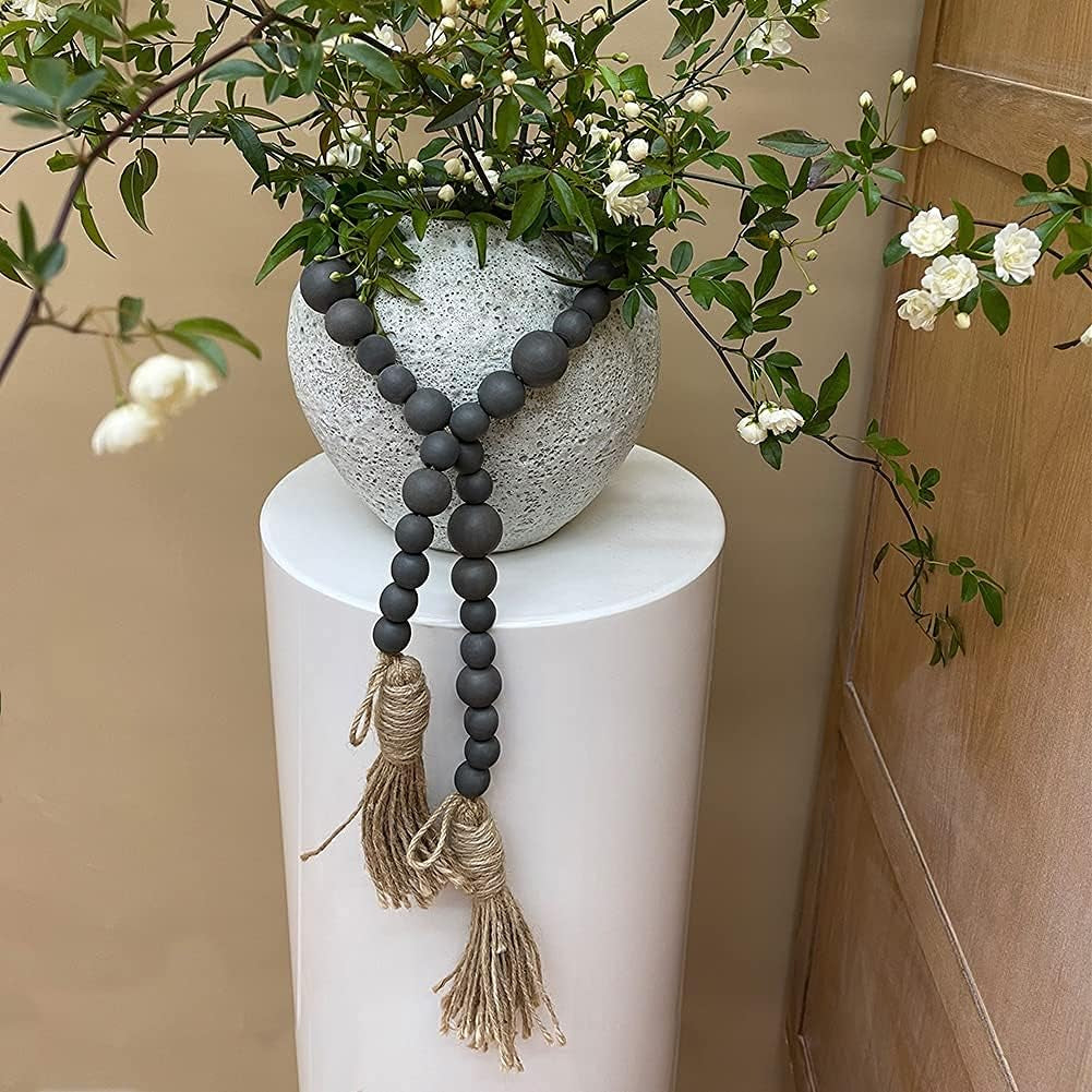 49.6In Wooden Beads Garland Decor Farmhouse Decor with Tassels，Boho Coffee Table Decor Natural Wood for Rustic Home Decor Wall Hanging Decor，Tiered Tray Decor(Gray)