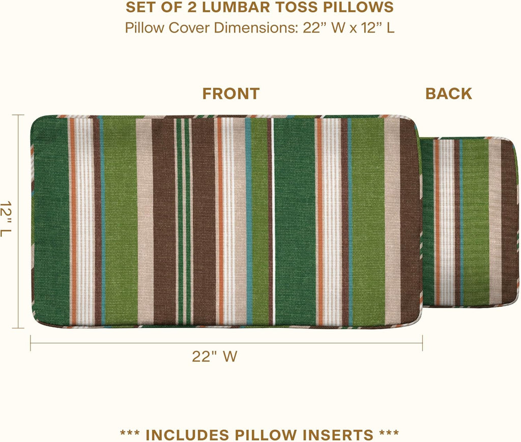 Outdoor Lumbar Pillow 2-Pack, 22 X 12, Stripe Pine Green Throw Pillows for Patio Furniture