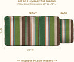 Outdoor Lumbar Pillow 2-Pack, 22 X 12, Stripe Pine Green Throw Pillows for Patio Furniture