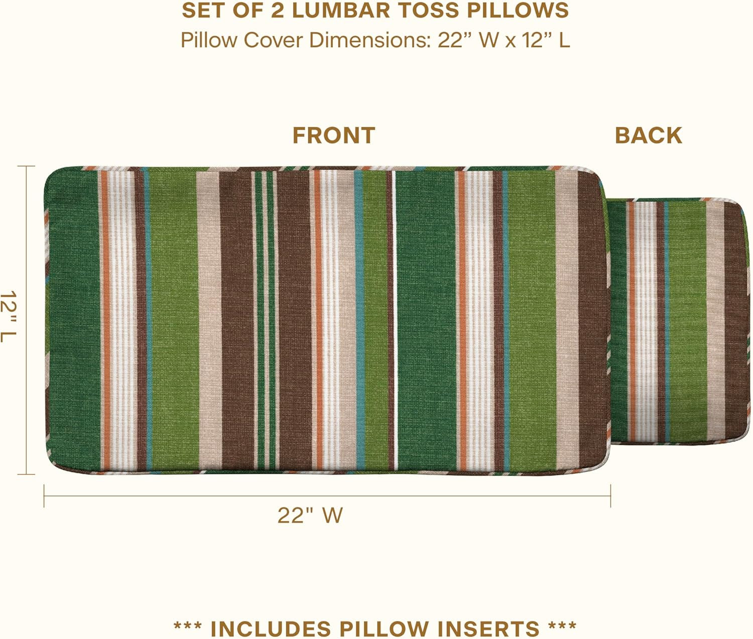 Outdoor Lumbar Pillow 2-Pack, 22 X 12, Stripe Pine Green Throw Pillows for Patio Furniture