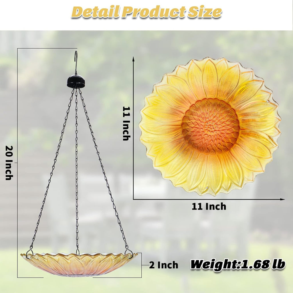 Hanging Bird Bath Outdoor, Sunflower Glass Birdbaths & Birdfeeder with Water Ripple Rim 11 Inch for Garden Yard Patio Decor