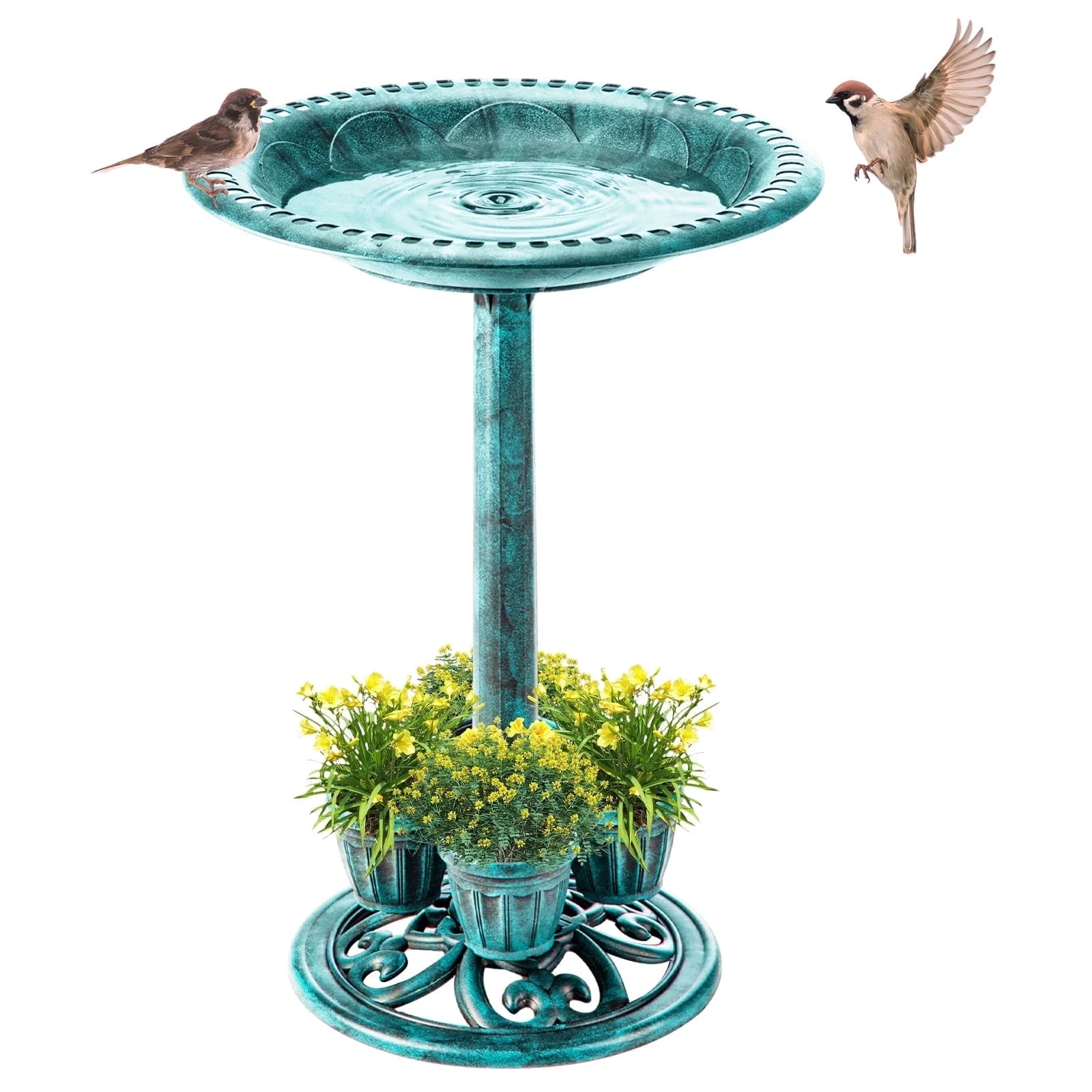 Bird Bath with 4 Planters 28" Height Pedestal Antique Outdoor Garden Decor Vintage Yard Art (Green)