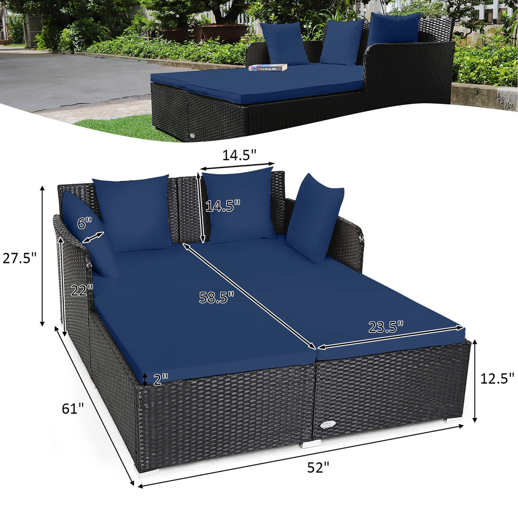 Outdoor Patio Rattan Daybed Pillows Cushioned Sofa Furniture Navy