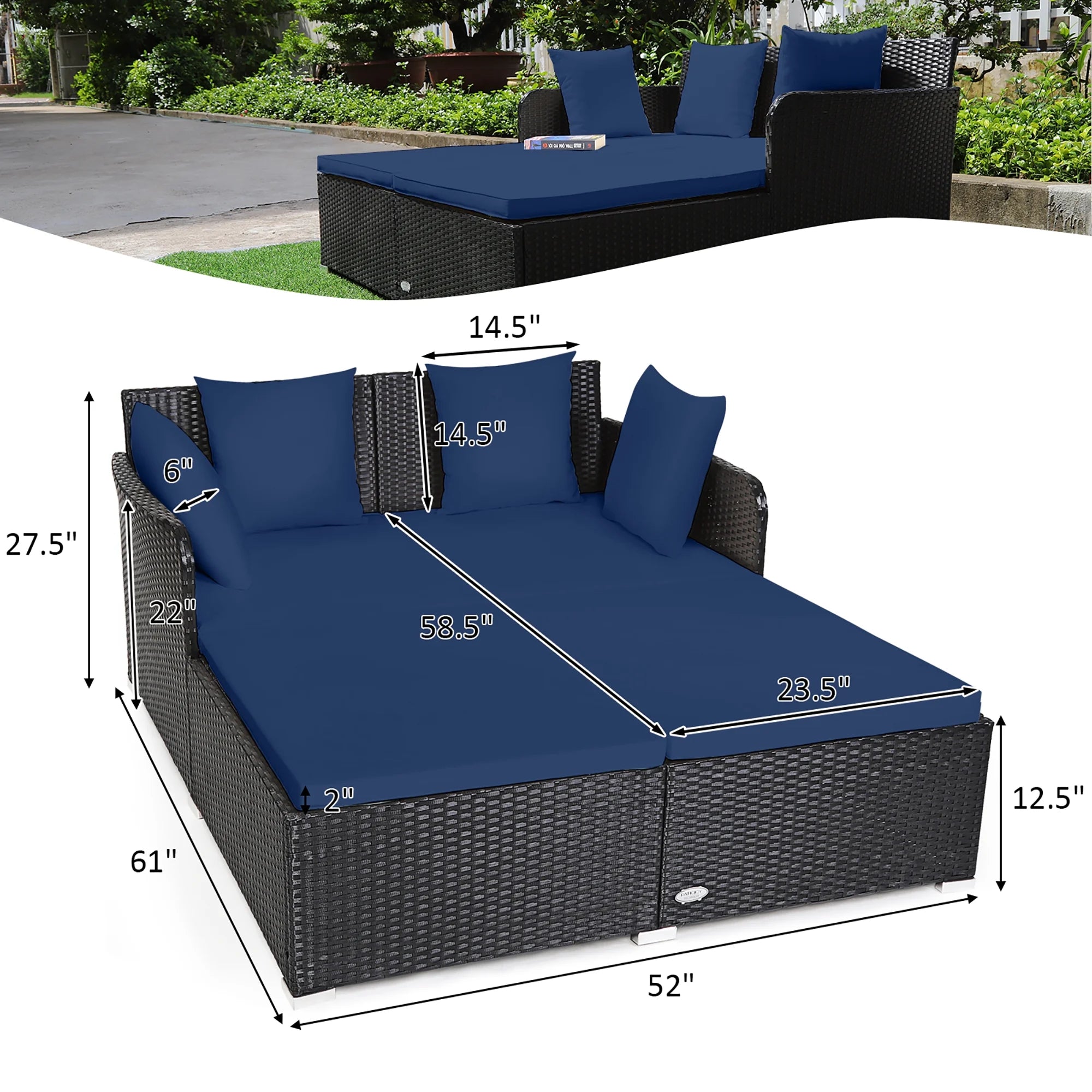 Outdoor Patio Rattan Daybed Pillows Cushioned Sofa Furniture Navy