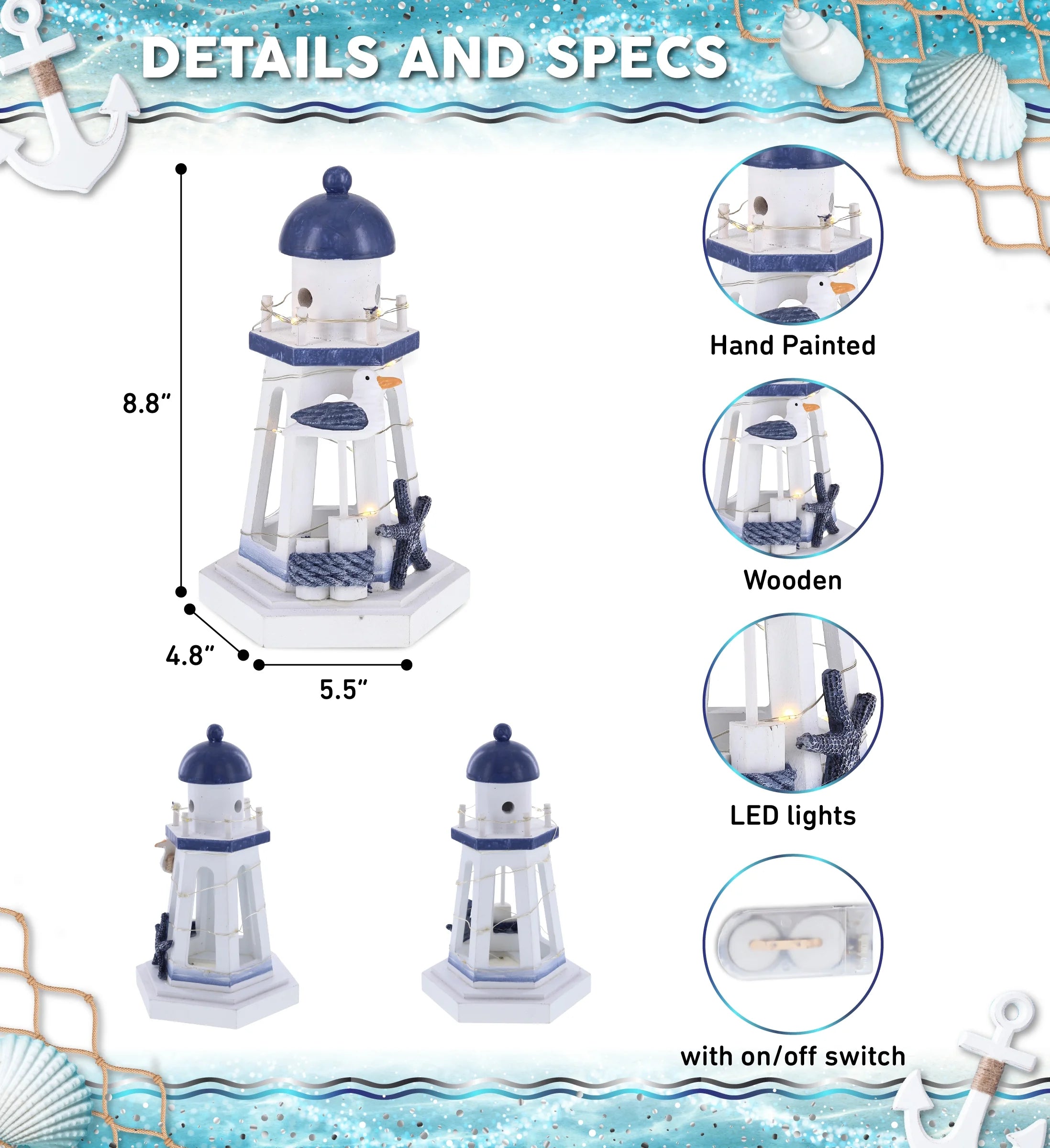 Ocean Blue Nautical Wooden Lantern Lighthouse with LED Lights - Table Top Centerpiece Coastal Decor for Home, Beach House, Rustic Decorative Lamp with Boat Anchor - Handmade Color May Vary