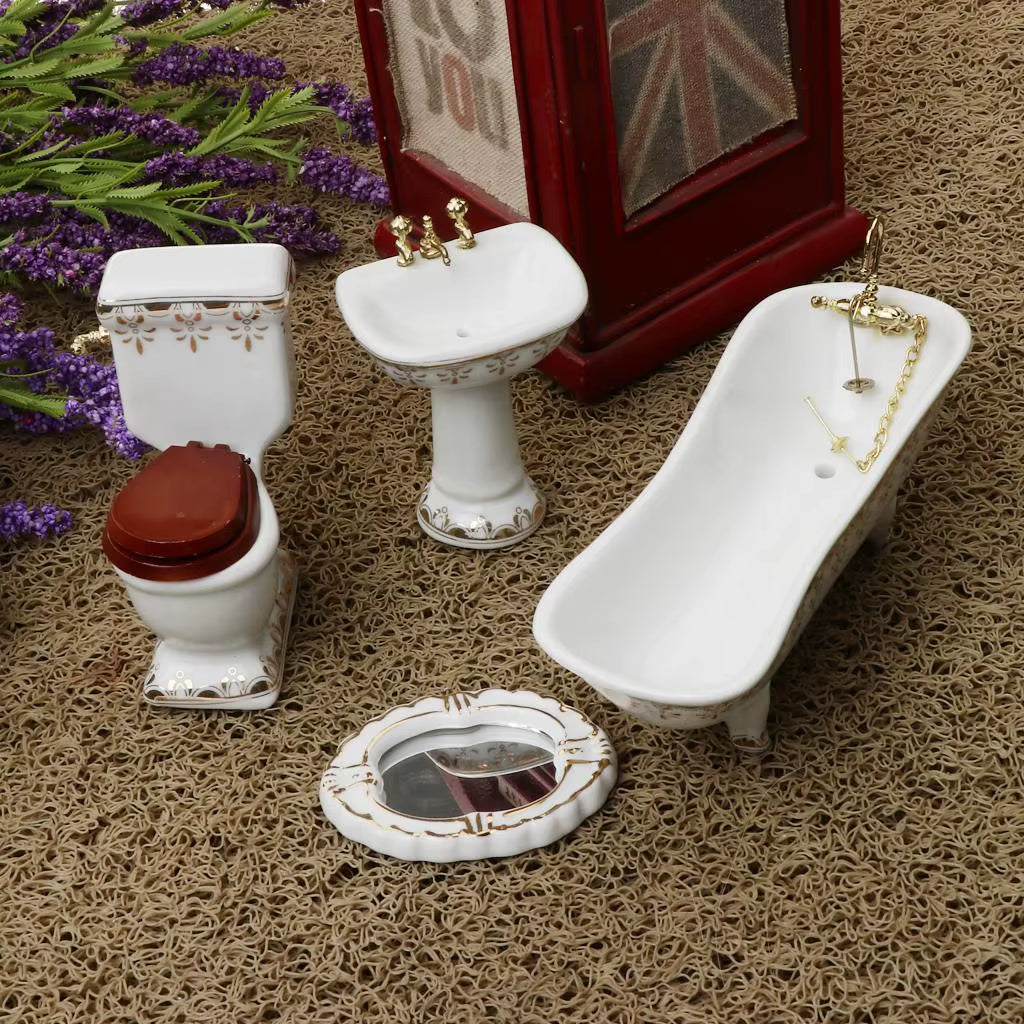 1/12 Dollhouse Miniature Bathroom Toys Set 4 PCS Furniture Set Toilet (Bathtub Toilet Sink Mirror) Dollhouse Furnishings Decore