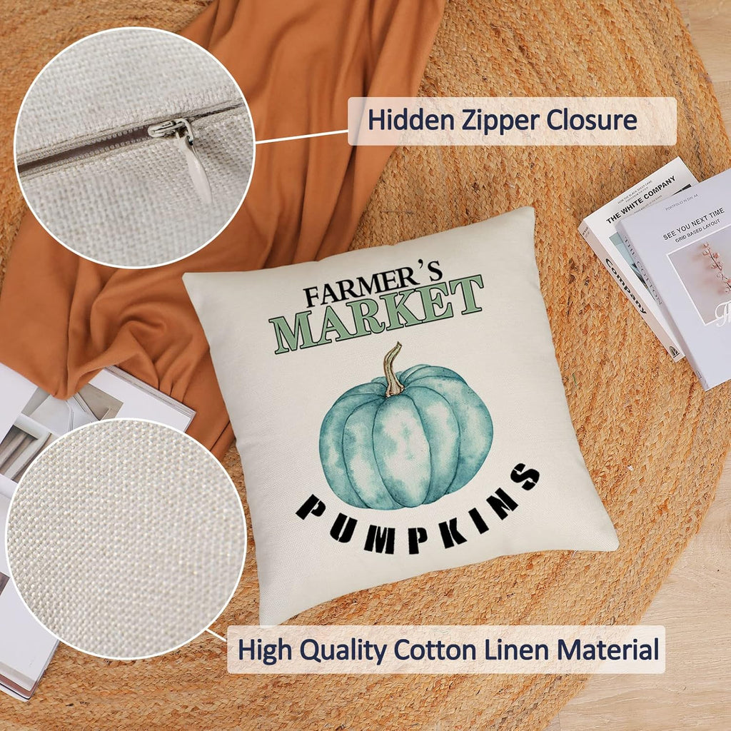 Set of 4 Fall Pillow Covers 16X16 Inch Thanksgiving Throw Pillows Covers Autumn Blue Pumpkins Decorative Cushion Covers Home Outdoor Sofa Couch Pillow Cases for Fall Decorations (16 by 16)