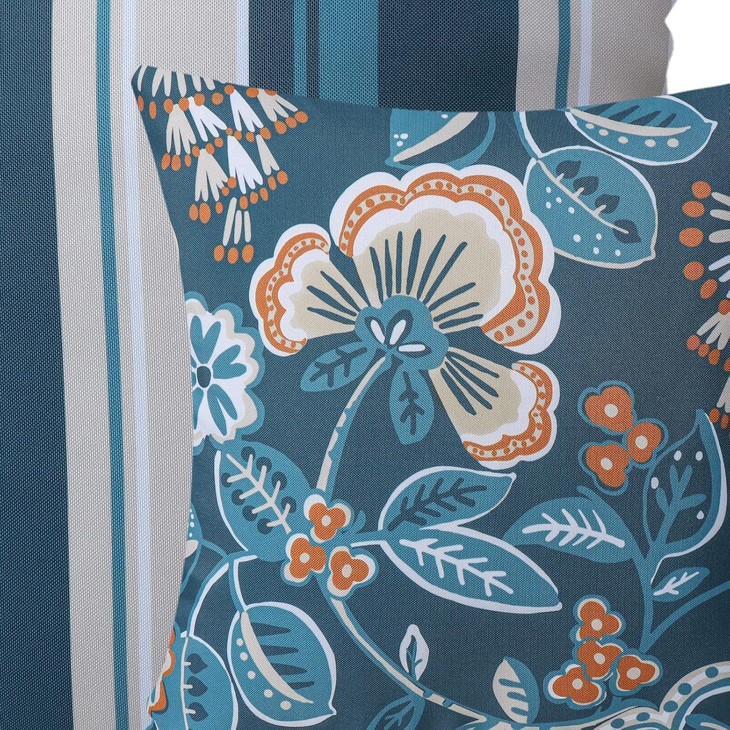 Pack of 2 Outdoor Indoor Throw Decorative Pillow Cover Floral Striped Waterproof Patio Pillows Cushion Case for Couch Tent Park, Dark Blue 18 X 18 Inches