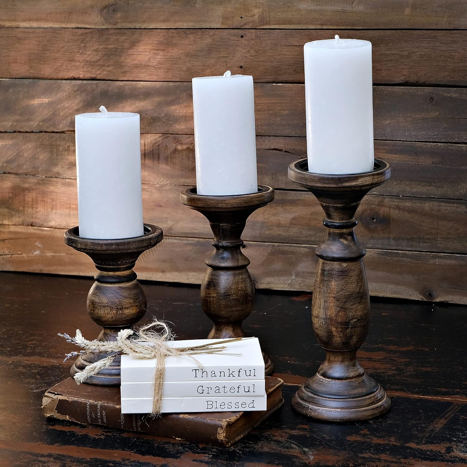Tall Candle Holders for Pillar Candles, Rustic Candle Holders Table Centerpiece Accent, Pillar Candle Holder for Dining Table, Farmhouse Candle Holders, Wood Candle Holders for Mantel Black Dark Brown
