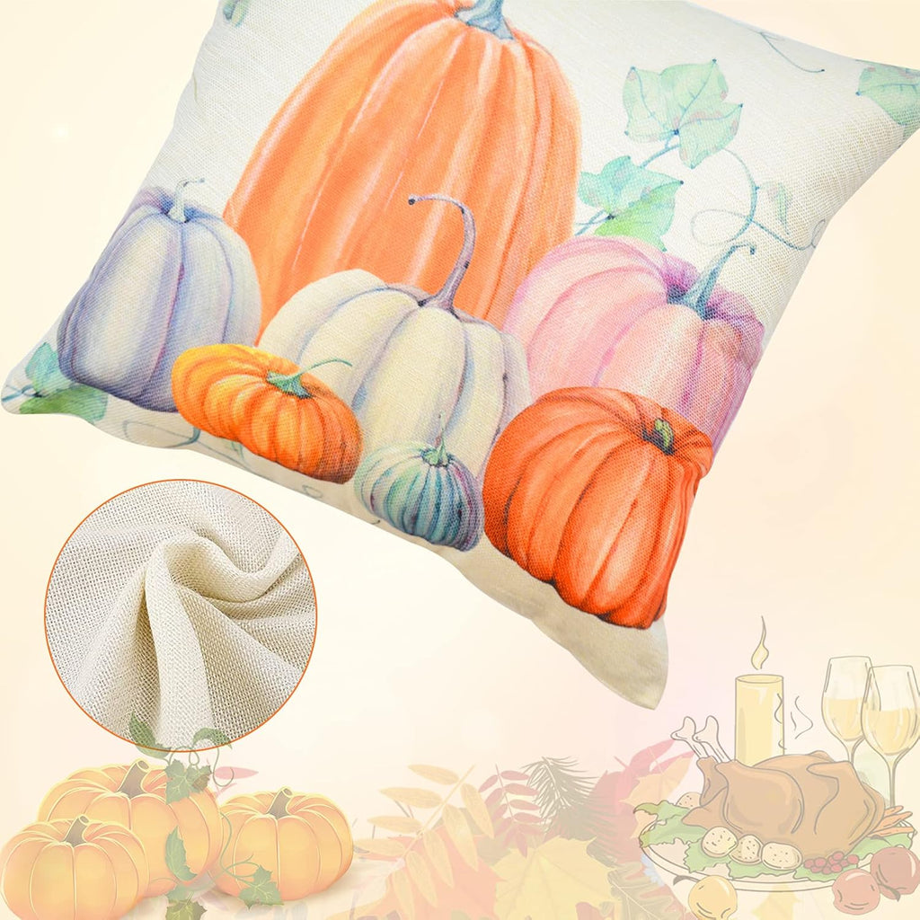 Thanksgiving Throw Pillow Covers - Pumpkin Pillow Covers, Fall Accent Pillows for Thanksgiving Decorations(18 X 18, 4 Designs, 4 Pack)