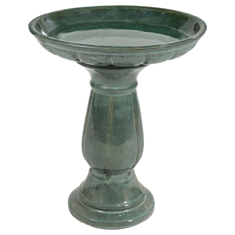 Aubriela Freestanding Ceramic Outdoor Bird Bath, Uv-Resistant Green Mist Finish