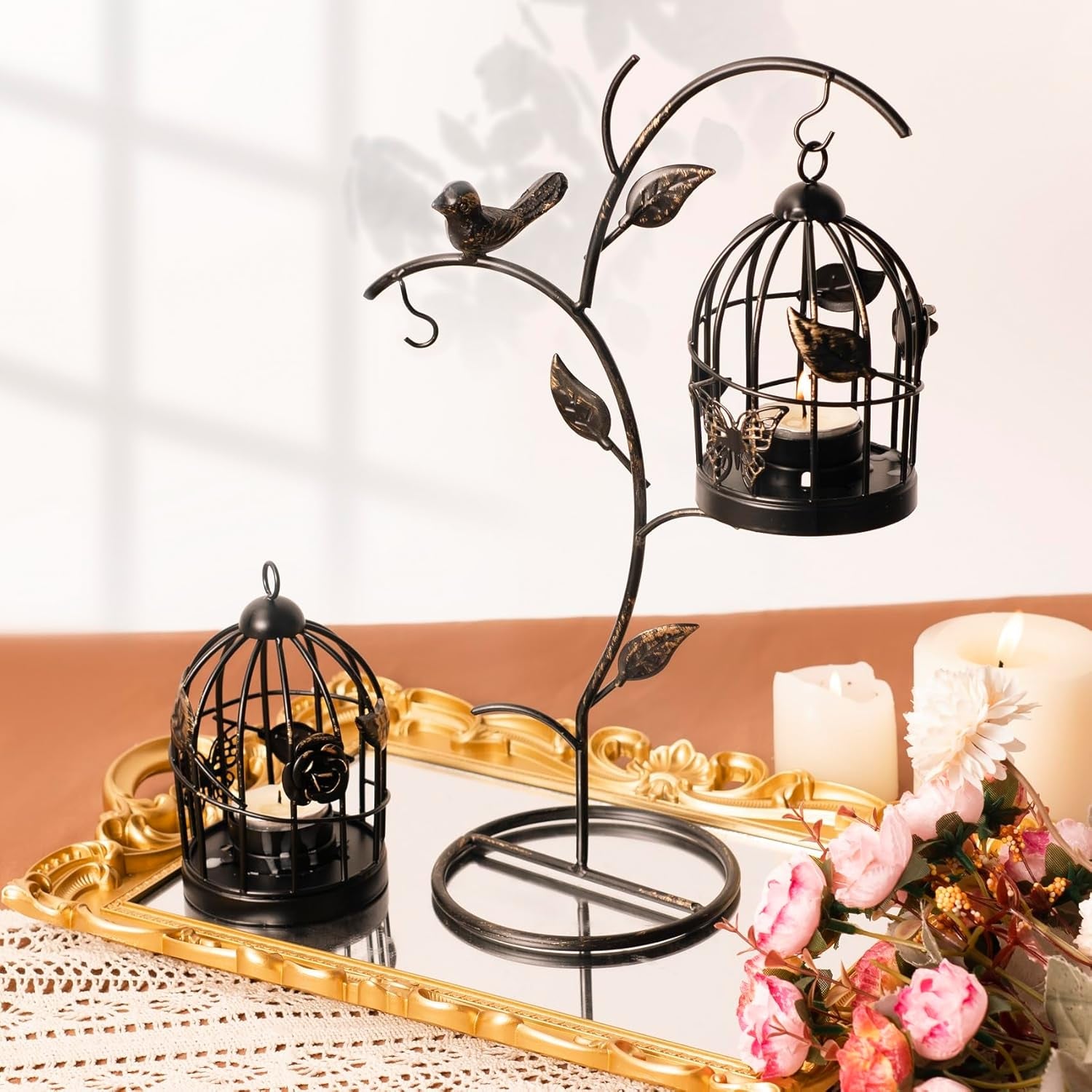 Decorative Birdcage Candle Holders for Tealight Candles, 13.8In Tall Black Vintage Candle Holder, Metal Bird Cage Candle Stands for Rustic Home Decor Table Wedding Christmas Centerpiece Bird Decor
