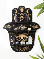 Black Wooden Wall Shelf Boho Hamsa Hand Shape Wall Decor Hanging Shelves Crystal Display Stand Ledge Evil Eye Gothic Home Decor